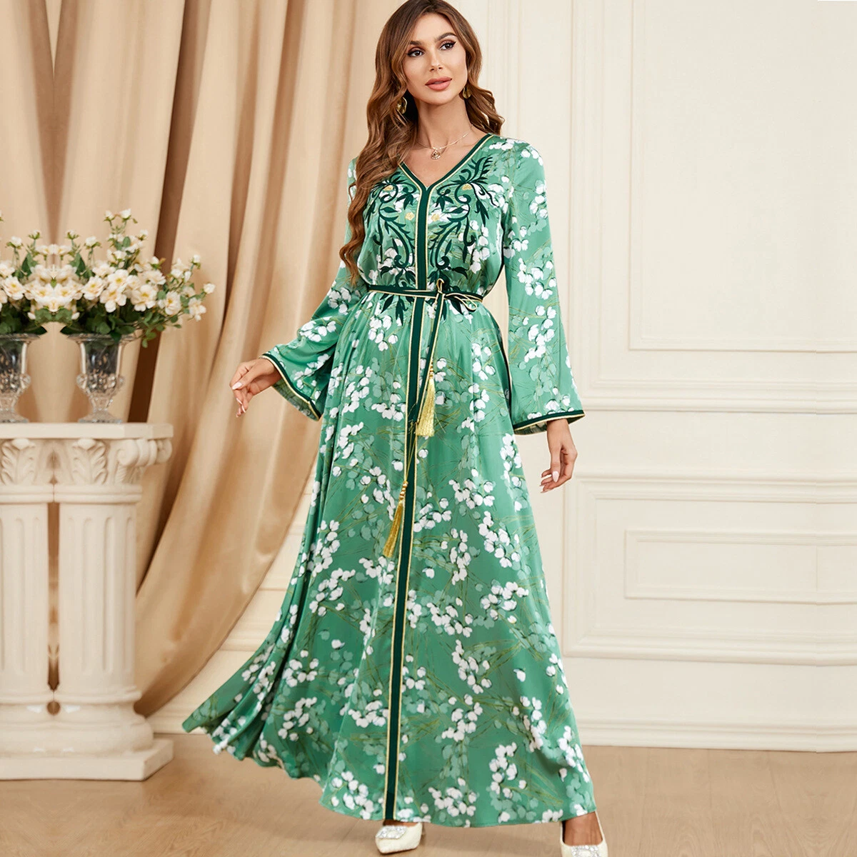 Fashion Print Abaya Women Maxi Dress Muslim Kaftan Islam Caftan Robe Party Gown eBay