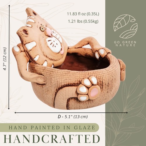 Cat Brown Ceramic Planter Clay Plants Pot Handmade Kitten Figurine - Picture 7 of 10