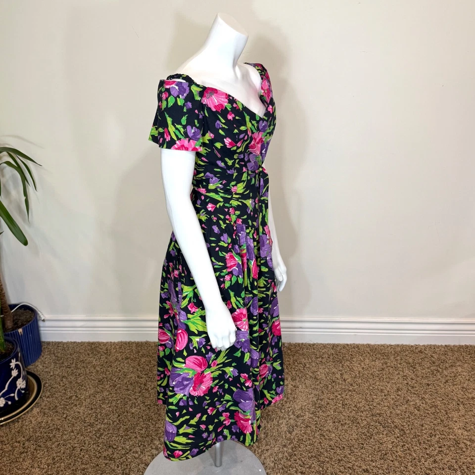 VESTIDO DE FIESTA FLORAL VINTAGE AÑOS 80 Jessica McClintock Y2K Cottagecore Hombro Descubierto Foto 4 de 4