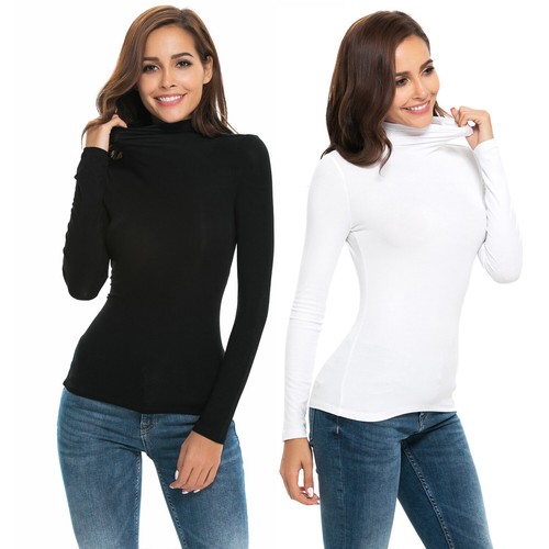 Women Basic Scrunch Turtleneck Tops Stretch Ribbed Knit Long Sleeve Shirt Jumper - Picture 3 of 16
