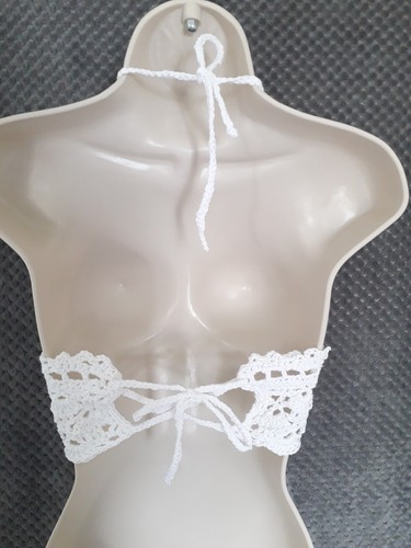 Hand Crocheted Cotton Bikini Crop Top 36" - 42" C/D Cup. White. - Picture 2 of 9