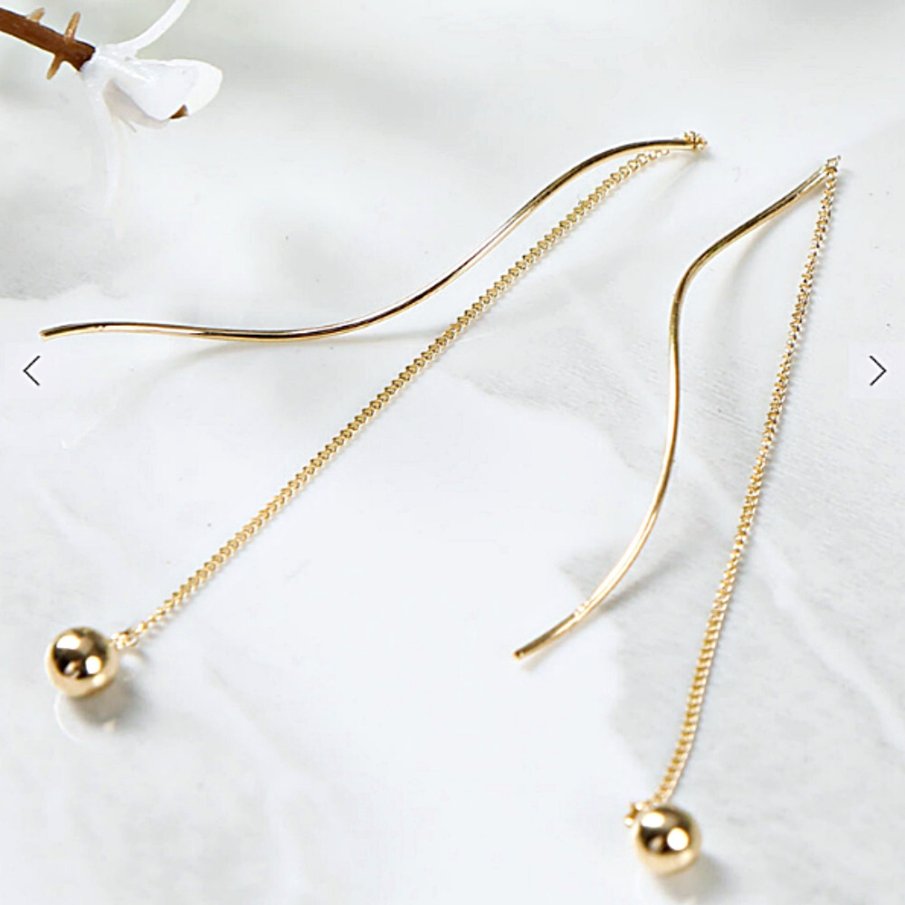 JNK 14K Solid Yellow Gold Ball Wave Long Drop Dangle
