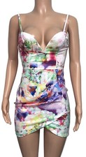 Y2K Morning Mist Floral water color Mini dress 8 Smocked Zip Boned Poly Party