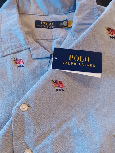 NWT Polo Ralph Lauren Chambray Shirt Mens 1XB Blue Short Sleeve US Flag Monogram