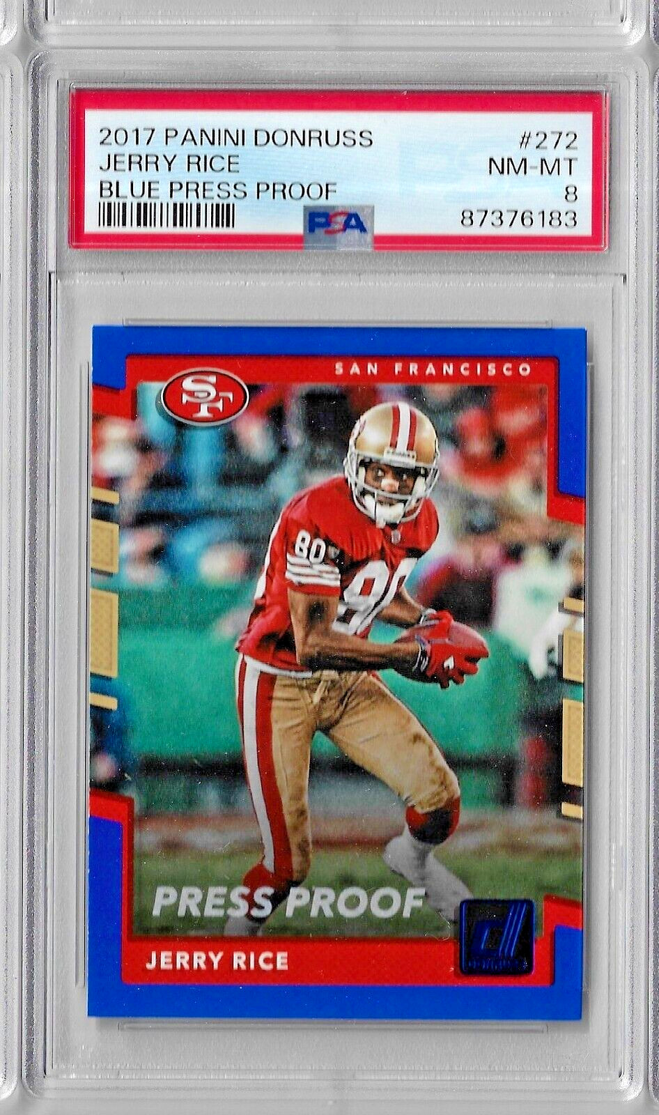 2017 Panini Donruss Jerry Rice Blue Press Proof PSA 8