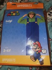 Kids L 2-4Y Luigi Hooded Jumpsuit Costume Green Blue With Zipper Closure