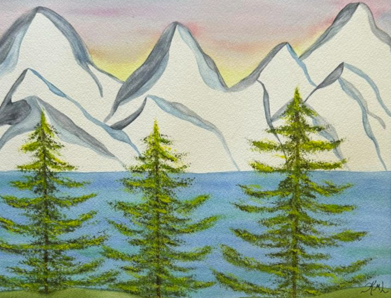 PAINTING WATERCOLOR MOUNTAINS RIVER TREES LANDSCAPE ART 11X14 & DOUBLE MAT 16X20