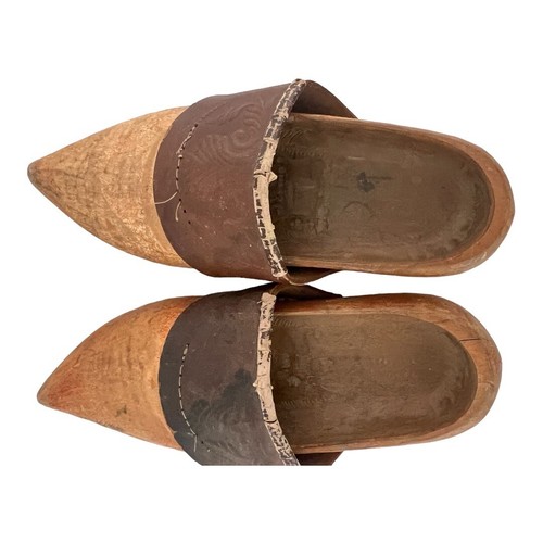 Antique Dutch Hand Carved Wooden Clogs Leather - Picture 13 of 22