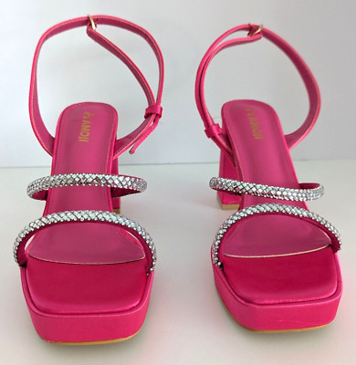 Sandals for Women Block Heels 4 Inch Platform Strappy Rhinestone Amoji Rose US 8