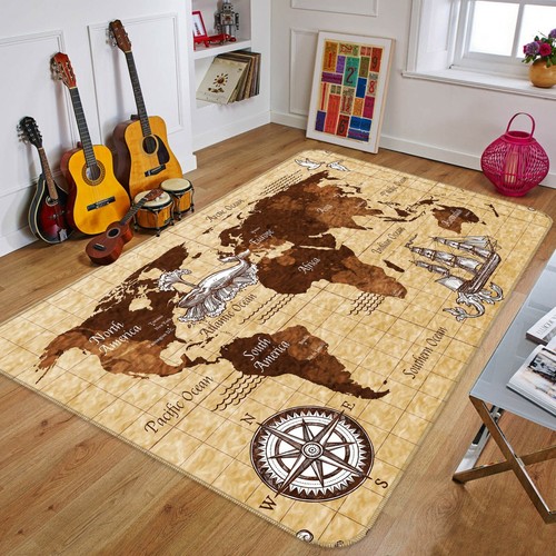 3D Braunes Muster 331RAH Welt Karte Spiel Rutschfest Matte Elegant Teppich Honey - Picture 2 of 5