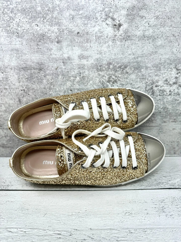 ZAPATILLAS DEPORTIVAS MIU MIU ORO PIRITA BRILLO METAL PUNTERA LOGO 36 Foto 4 de 4