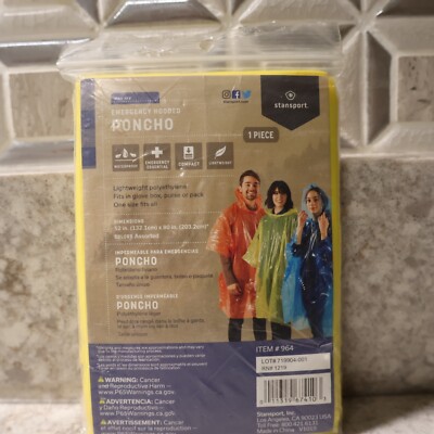 STANSPORT 964 EMERGENCY PONCHO REUSABLE OUTDOOR CAMPING NEW One Size