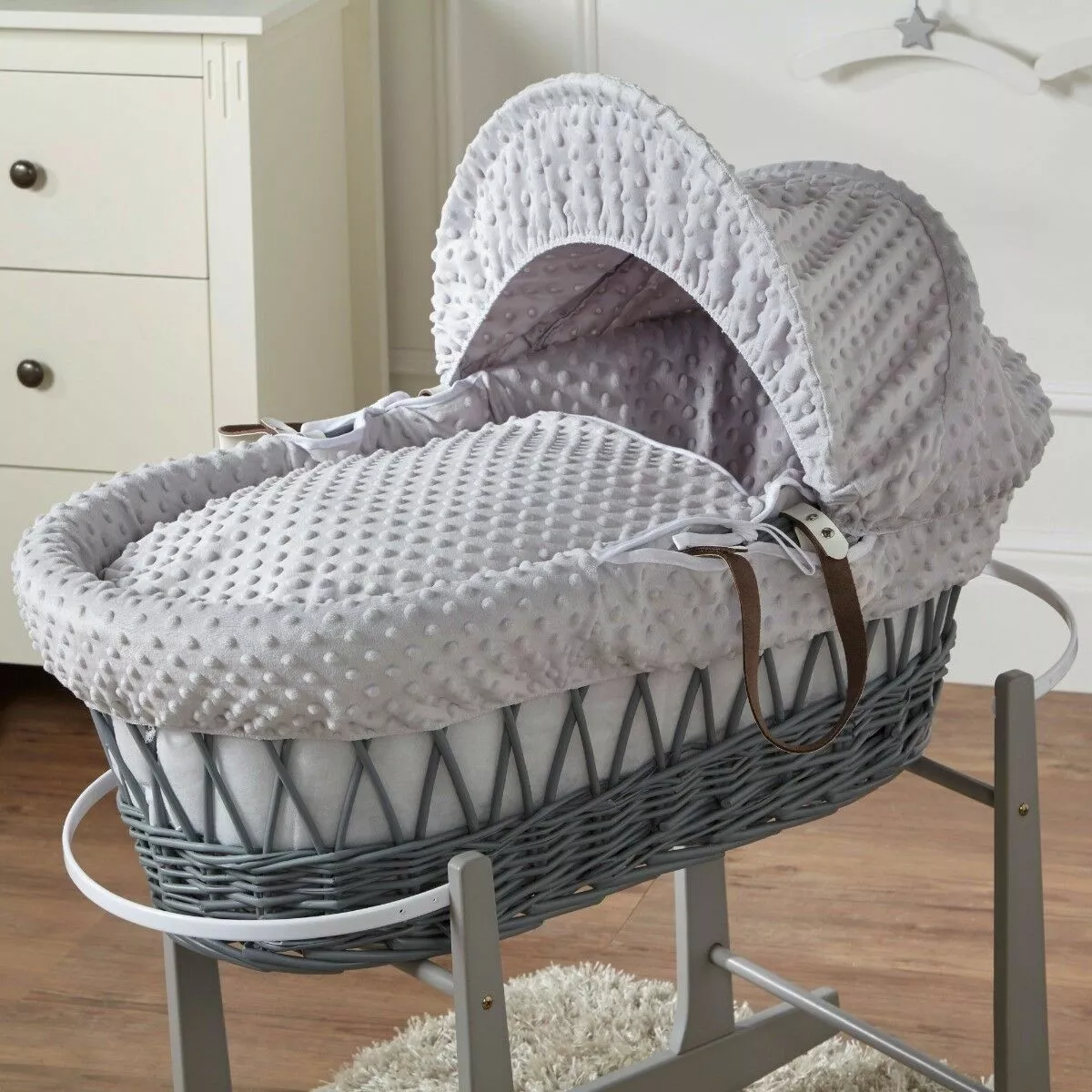 Grey Dimple Grey Wicker Moses Basket And Grey Rocking Stand
