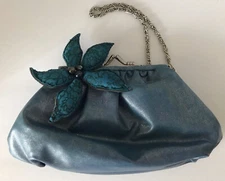 Leather Purse Blue W/Flower Small By Michal Dagan Designs