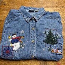 Vintage Bobbie Brooks M Christmas Tree Embroidered Snowman Denim Button Shirt