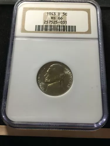 1943 D   USA, Five Cent, Wartime  Jefferson Nickel, NGC Graded MS-66  #031