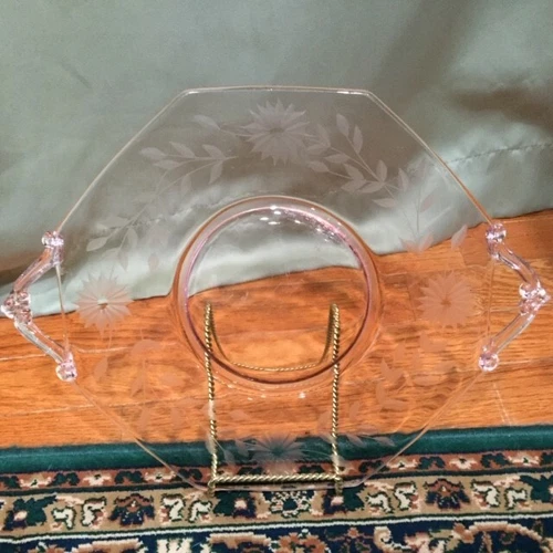 Lancaster Jubilee Pink Etched Depression Glass Handled Cake Plate 1930s Vintage