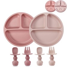 PandaEar 2 Pack Toddler Divided Suction Plates with 2 Spoons 2 Onesize, Pink