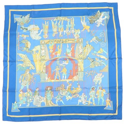 HERMES Carre 90 Silk 100% Scarf LE TEMPS des MARIONNETTES Blue Auth Used F/S