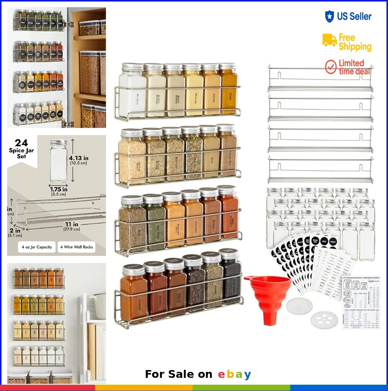 Spice Rack Organizer 4 Stainless Steel Wall Mount 24 Glass Jars 269 Labels