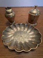Vintage 3 pc. Brass Table Lighter / Tobacco Holder / Scalloped Dish Made India