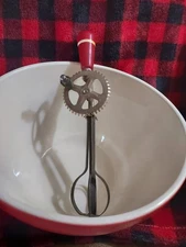 Vintage EKCO Egg Beater Red & White Wood Handle Sill Works! Bowl Not Included