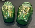 2 Vintage Anchor Hocking  Emerald Green & Gold  Swirls Small Glass Vases