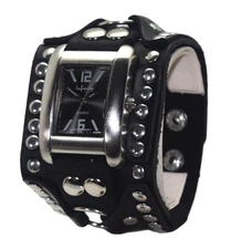 INFINITY: CuffWatches Western, Punk Wide Leather Band Black- rectangular Case