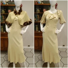 Vintage 1930s Green Rayon Crepe Fur Capelet Dress Set Sm