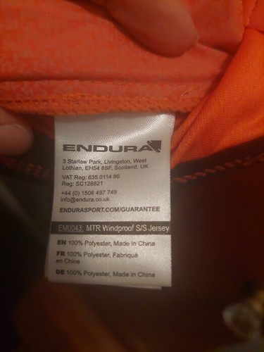 Endura Windproof Cycling Jersey S/S XL Orange Road Jacket - Picture 8 of 11