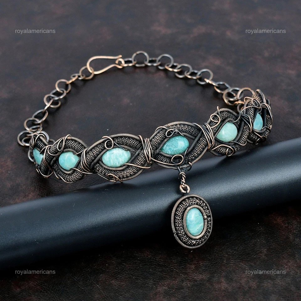 Sisters Day Sale Copper Oval Natural Amazonite Wife Chain Handcrafted Necklace - Imagem 3 de 4