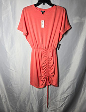 Express Coral Solid Ruched Drawstring Crew Neck Cap Sleeve Mini Dress XS