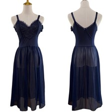 Vintage 50s Navy Lace Nylon Chiffon Crystal Pleated Full Slip Dress Size S