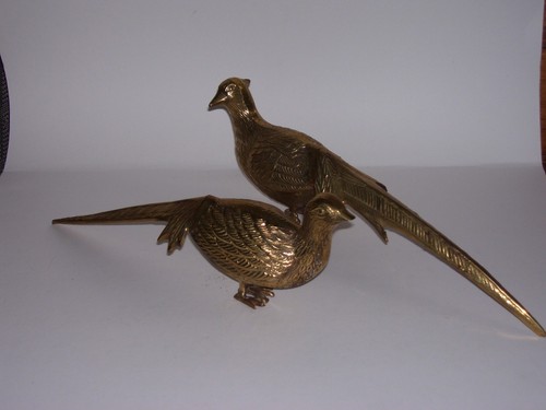 Vtg Brass Pair of Pheasant Birds Male & Female Figurines Hollywood Regency Style