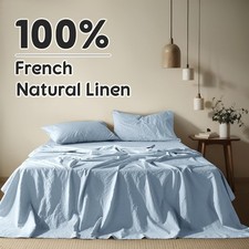 4 Pcs Dusty Blue King 100 French Linen Bed Sheets Breathable  Cooling