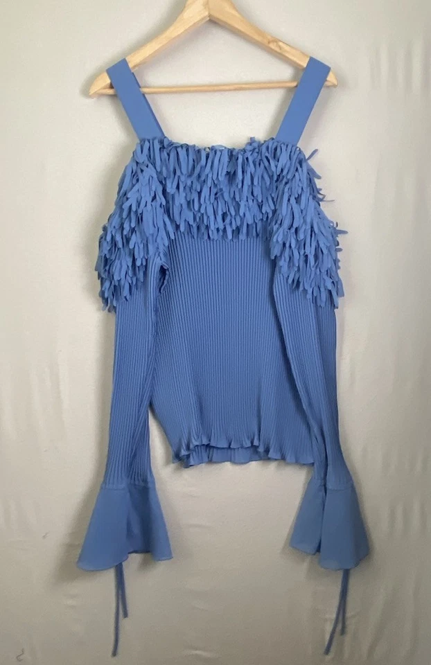 Top Kaelyn Max Mujer Azul Plisado Triturado Flecos Fuera del Hombro Manga Campana Talla 3X Foto 2 de 4