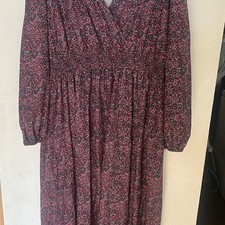 Floral Smocked Midi Dress, Long Sleeve, Burgundy Pink, Size 4xl