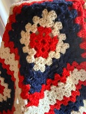 Granny Square Red White Blue Patriotic Hand Crochet 47x39 Afghan Blanket Vtg