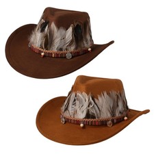 Women's Western Cowboy Hat with Feather Trim Vintage Suede Cowgirl Hat Wide Brim