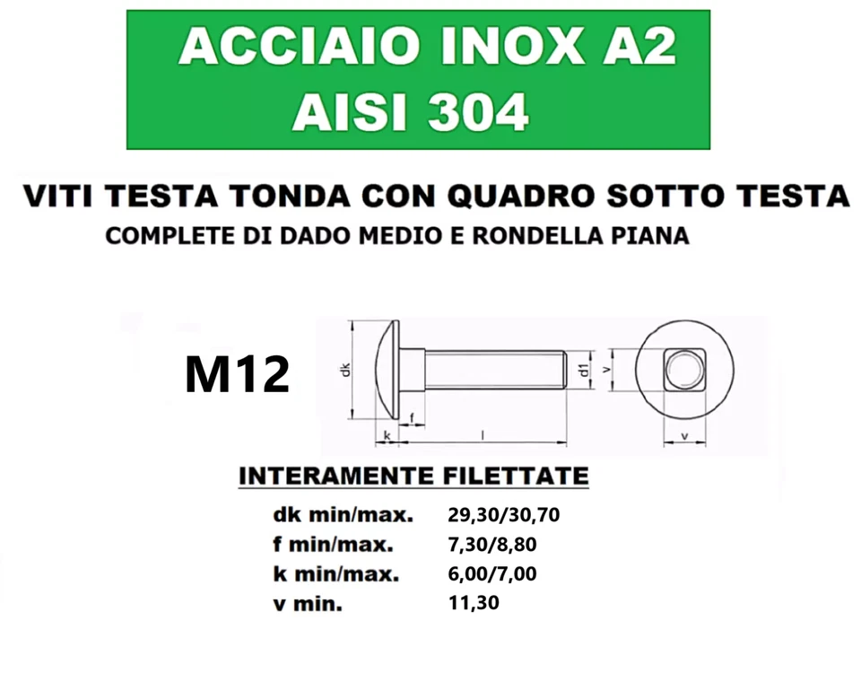 VITI M12 IN ACCIAIO INOX PERNI BULLONI TESTA TONDA QUADRO SOTTO TESTA 5732 603 - Immagine 2 di 4