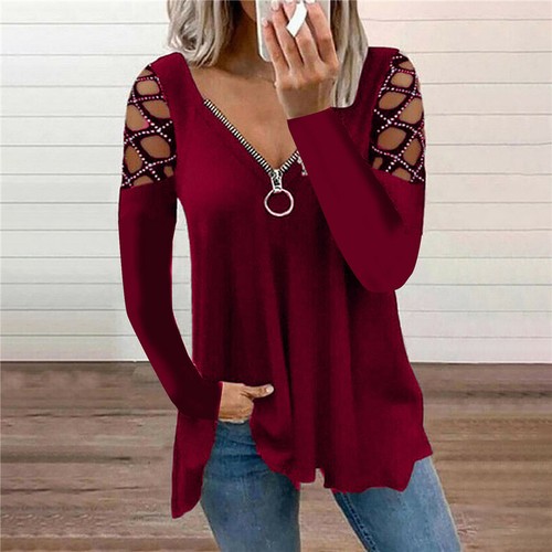 T-shirt donna taglie forti scollo a V paillettes top maglietta donna manica lunga tunica blusa maglietta - Foto 7 di 8