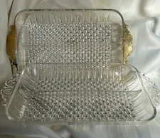 Two Anchor Hocking Hobnail Divided Relish Trays One with Gold Trim 10" Vintage