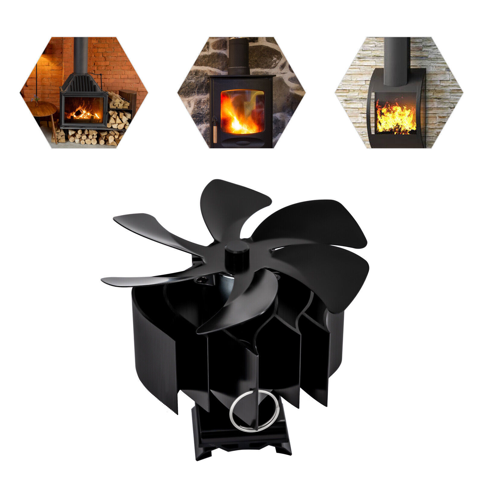 6 Blades Home Flue Pipe Stove Fan Fireplace Wood Burning Heat Powered
