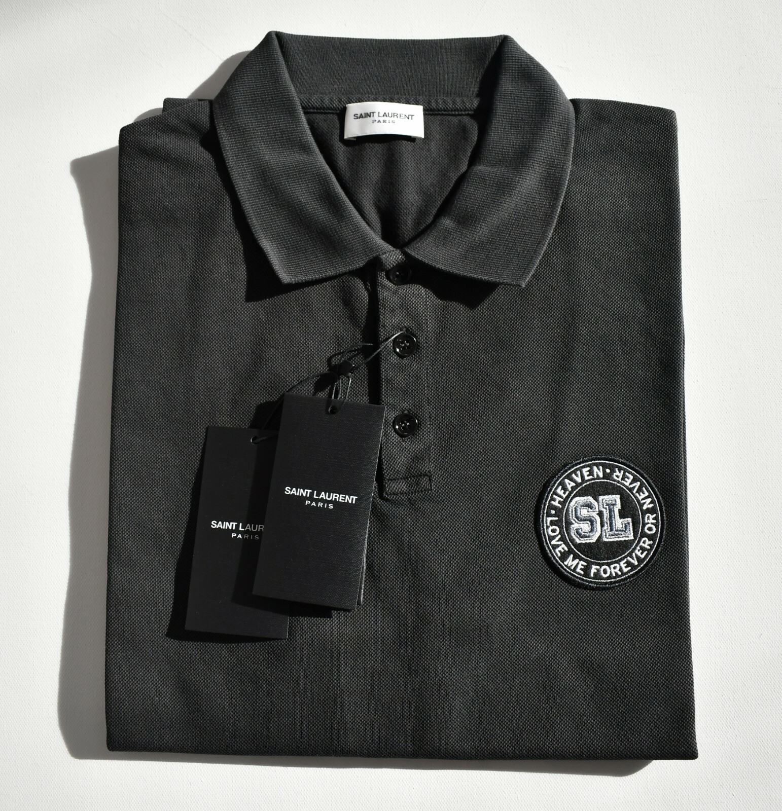 Nuova polo Saint Laurent Paris *LOVE ME FOREVER AND NEVER* nera in cotone S M