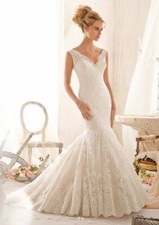 Morilee 2605 Bridal Wedding Dress Embroidered Lace Mermaid Fitted Ivory V Neck