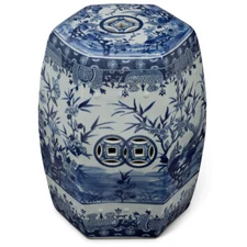 US SELLER - Blue & White Porcelain Bamboo Motif Chinese Hexagonal Garden Stool