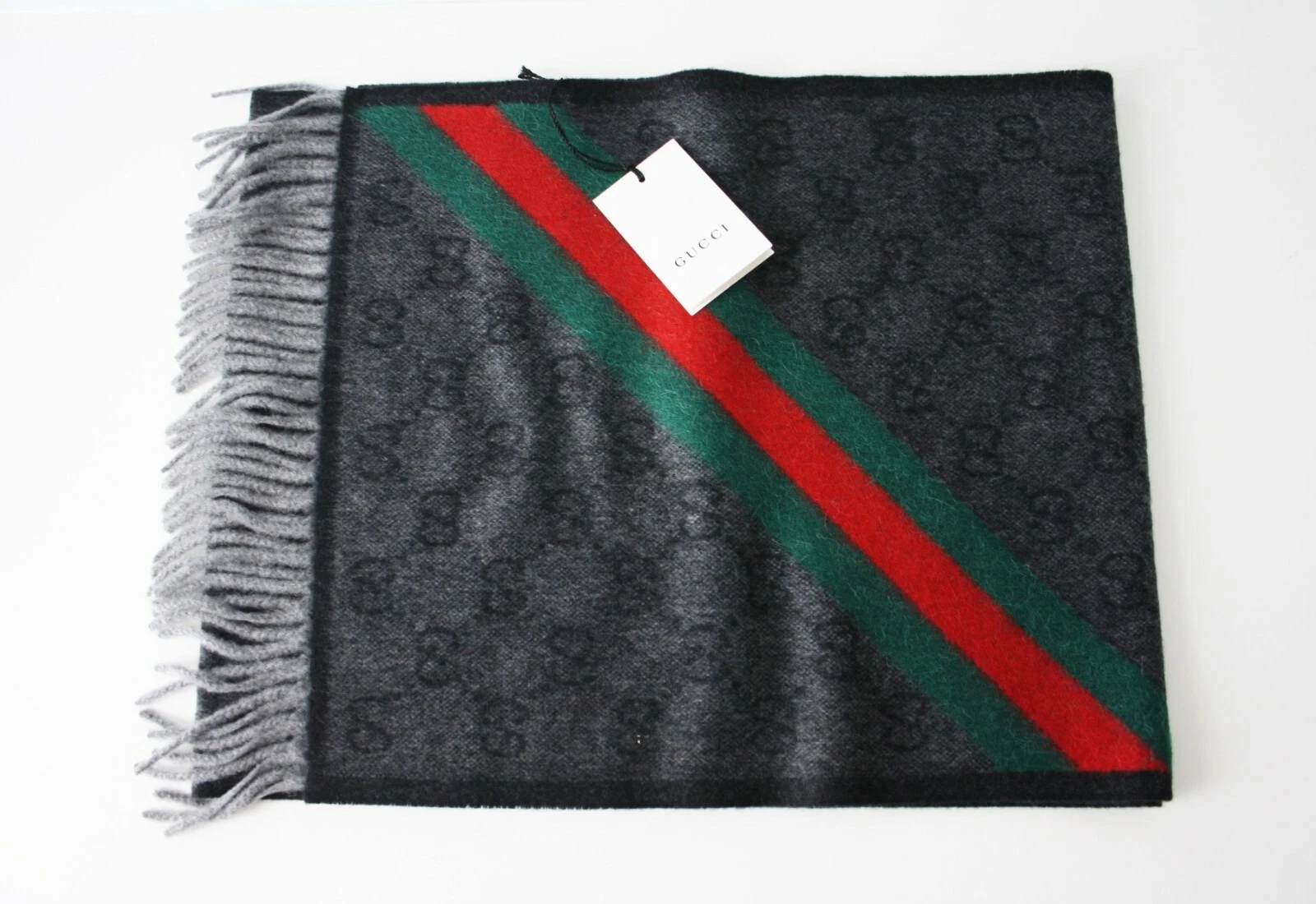 GUCCI 570603 Foulard unisexe femme homme 37x190 100% laine gris NEUF