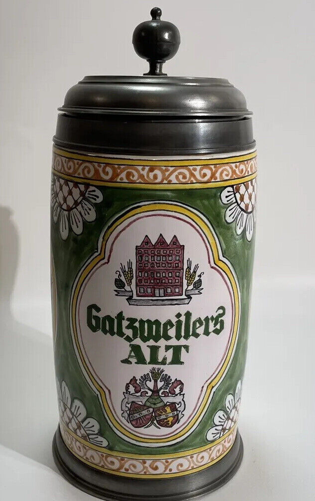Gatzweilers Vintage  Bierkrug mit Zinndeckel handgemalt Retro Krug M133
