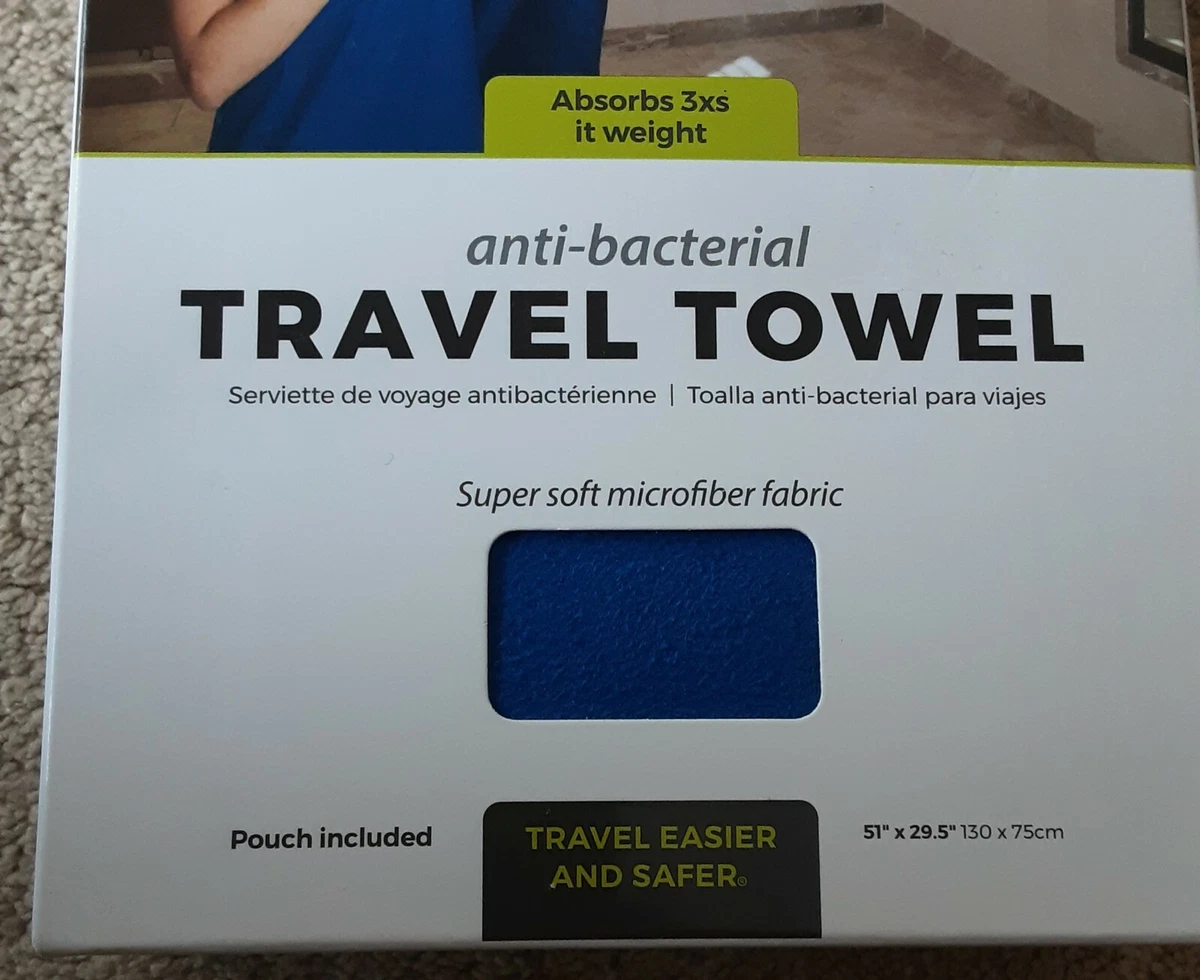 TRAVELON ANTI BACTERIAL BLUE TRAVEL TOWEL WITH CARRY POUCH. DRYS
