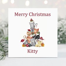 Handmade Personalised Christmas Card Cat Kitten Christmas Tree Cat Lover Xmas
